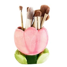 Ceramic Pen Holder for Office Desk, Pink Makeup Brush Holder, Cute Pencil Holder Tulips Home Decor Birthday Gifts for Women Vanity Toothbrush Holder Kawaii Kitchen Utensil Holder