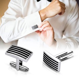 Lictin Men's Cufflinks Cuff Links for Men, Stainless Steel Classic Tone Cufflinks Black Striped Cuff Links Shirt Suit Cufflinks, 5 Pairs
