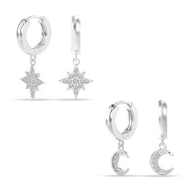 Charmsy 2 Pairs 925 Sterling Silver Moon Star Dangle Hoop Earring CZ Drop Huggie Earring Set for Women