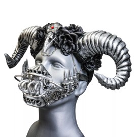 GIFTSHOP101 Silver Raven Ram Horn Headband with Steampunk Mouth Mask Hallween Party Costume