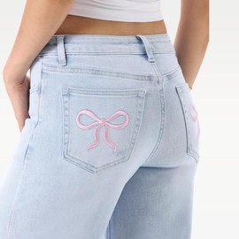 ONESO Mid-low Rise Baggy Jeans Stretchy Wide Leg for Women Distressed Pants Light Blue/Dark Blue Womenswear Bottom 8001 Lady Basic Minimalist Comfortable Denim Tummy Control Curve Hugging Plus Size Regular Size BBL:_PinkieBow-Light Blue_31