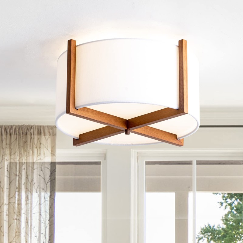 VILUXY Semi-Flush Mount Ceiling Light Fixture with Wood and Off-White