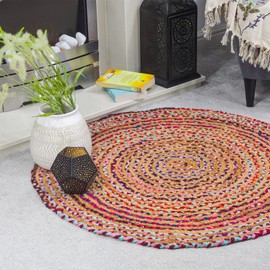 ETHNICITI Round Braided Multicolour Cotton Jute Recycled Handwoven Bohemian Reversible Stylish Area Rag Rug Mat Hallway Bedroom Lounge Living Dining Study Utility Room Pet Yoga High Traffic - 60cm/2ft