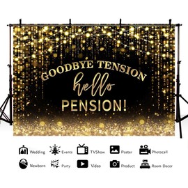 MEHOFOND 7x5ft Happy Retirement Backdrop Goodbye Tension Hello Pension Photography Background Black and Gold Confetti Retirement Party Decor Gold Dripping Glitter Congrats Retire Banner Photo Props