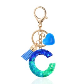 Zesirmay Initial letter Keychains, Sparkly Glitter Letter Keychain with Tassel,Resin Heart,Key Chain for Women,Girls (C, Glitter-blue)