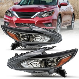 SOCKIR [Halogen Model Headlight Assembly Compatible with 2016-2018 Nissan Altima w/o LED DRL Black Housing with Amber Reflector Headlamp Driver and Passenger Side