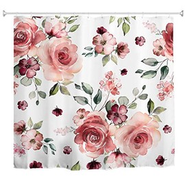Goodbath Floral Shower Curtain, Blossoming Rose Flowers Shower Curtains Set Waterproof Bathroom Bath Curtain, 72 x 72 Inch