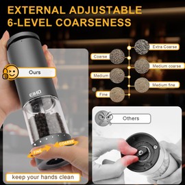 EIHO Electric Salt and Pepper Grinder Set USB Rechargeable, Upgraded External Adjustable Coarseness, Aluminum Alloy Automatic Salt and Pepper Shakers Mills with LED Light, House Warming Cooking Gifts