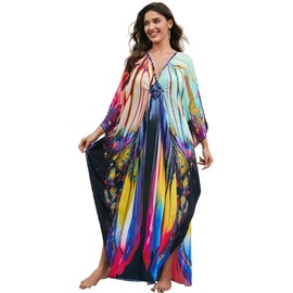 Kaftan Dresses for Women Animal Print Beach Cover Up Braid Pattern Bikini Maxi Kaftans Plus Size Loungewear Slit Beach Robe V Neck Batwing Sleeve Swimsuit Summer Mumu Dress (AC-8759-21)