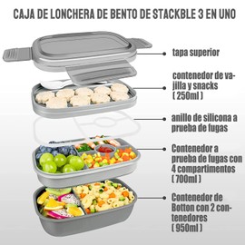 Bento Box Grande, Fiambrera Lonchera para Adultos,Caja de Almuerzo de Estudiante, 1900 ml-8 Compartimentos, con Púas de Alimentos, Apto para Microondas/Lavavajillas/Congelador,Sin BPA (gris)