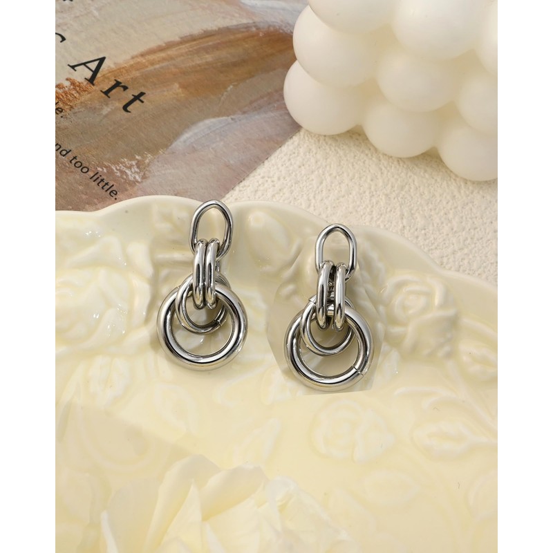 Elaximn Hypoallergenic Chunky Knot Drop Earrings for Women, Silver Geometric