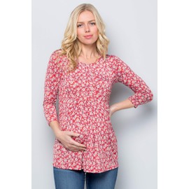 My Bump Women's 3/4 Sleeve Front Pleated Ultra Soft Maternity Top(Made in USA)(RED NPAZ, Medium)