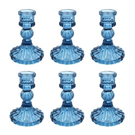 Showin Glass Candlestick Holders Set of 6, Blue Stripe Taper Candle Holders for Table Centerpiece, Home Decorations, Valentine Day, Wedding and Party