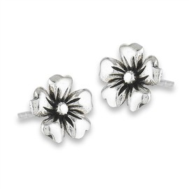 Daisy Oxidized Flower Heart Petals .925 Sterling Silver Plumeria Stud Earrings
