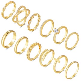 FANCH 12PCS 14K Gold Rings Set for Women, Open Chunky Twist Diamond Cross Rings Non Tarnish Gold Plated Knuckle Stackable Layered Thumb Rings Plain Band Rings, Perfect for Wedding Rings Size T1/2