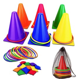 ABENNLY Juego 3 en 1 para Carnaval（31 Piezas）, Juego Combinado De Lanzamiento De Anillos De Conos De Plástico, Bolsas de Frijoles, Aros de Plástico, Marcadores de Cono