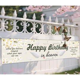 Happy Birthday in Heaven Banner Remembrance Memorial Yard Flag Decorations Funeral Memorial Yard Banner Happy Heavenly Birthday Remembrance Sign for Cemetery 78.7 * 17.7 inch White
