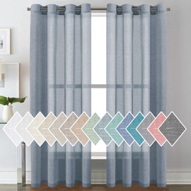 H.VERSAILTEX Natural Linen Sheer Curtains Flax Linen Blended Curtain Panels Living Room Sheer Curtains 84 inches Long 2 Panels, Nickel Grommet Semitransparent Semi-Sheer Soft Privacy Drapes, Denim