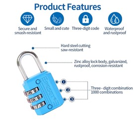 RESET-071 3 Digit Small Combination Lock Tiny Padlock for Mini Locker, Travel Padock, Diary, Box,Luggage, Suitcase, Backpack, Blue