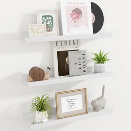 RICHFOCUS Picture Ledge Shelf, 24 inch Solid Wood Floating Shelves with Lip for Wall Storage, Nursery Book Shelves for Living Room Bathroom Bedroom Kitchen, Set of 3, Washed White