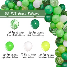 Mayen 50 Pcs 12 Inches Green and White Balloons, Green Marble Balloons, Light Green and Lime Green Balloons, Dark Green Balloons, Jungle Party Decorations, Dinosaur Birthday Party, Jungle Balloons