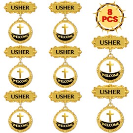 luck sea 8 Pack Church Usher Badges with Pin Back Gold Greeter Welcome Badges for Volunteers Service Easter Christmas Events Bulk