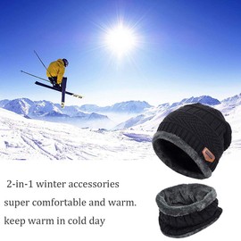 Lonnalee Winter Hat Men Women Skiing Neck Warmer Scarf 2 Pieces Comfortable Soft Stretchy Hat Fashion Thick Knitted Hat and Scarf Winter Hat Scarf Warm, black