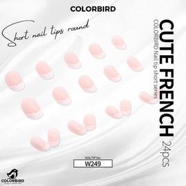 COLORBIRD Nail Tips, Short, 24 Pieces, Pink, French Nails, Flesh Tips, Short, Cute, Round (W249)