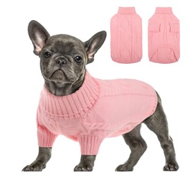 Queenmore Small Dog Pullover Sweater, Cold Weather Cable Knitwear, Classic Turtleneck Thick Warm Clothes for Chihuahua, Bulldog, Dachshund, Pug, Yorkie (Pink, X-Small)