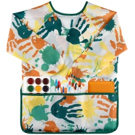BOUBONI Kids Art Smock Toddler for Girls Boys ages 3-8 with Long Sleeve and 3 Pockets for Painting Activity Kitchen Crafts(Palm-Green)