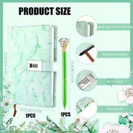 Eowppue PU Leather Password Lock Journal with Diamond Pen A5 Size Daily Notebook with Lock Combination Lock Diary Digital Password Notebook Locking Journal Diary for Teen Girls(Green)