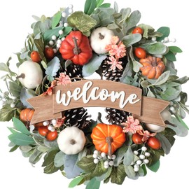 Egolot 22 Inch Fall Pumpkin Wreath for Front Door with Welcome Wood Sign, White Orange Pumpkin Pinecone Acorn Wreath for Indoor and Outdoor, Autumn Door Wreath for Home Decor