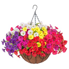 Artificial Faux Hanging Flowers Plant Basket for Outdoor, Silk Morning Glory with Eucalyptus in Planter Look Real UV Resistant Fake Flower for Porch Outside Patio Balcony Yard Spring Summer Decoration