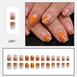 NEWSPIED Fall Press on Nails Short Square False Nails Orange Glitter Designs Maple Leaf Fake Nails Glossy Sparkly Thanksgiving Acrylic Nails Full Cover Glue on Nails for Women Autumn Manicure 24 Pcs