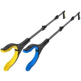 2Pack Extra Long Grabber Reacher Tool，Foldable Trash Pick Up Stick for Seniors with Strong Grip Magnetic，360°Rotating Anti-Slip Jaw 4" Wide Claw Opening,Hand Grabber (YellowBlack+Blueblack, 44INCH)
