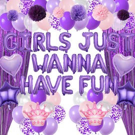 Slumber Party Decorations Supplies Girls - Purple Girls Just Wanna Have Fun Foil Balloons Set with Tassel Curtains, Paper Pompoms and Latex Balloons for Night Sleepover Pajama Party