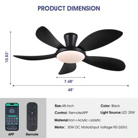 PHORUS 48" Low Profile Ceiling Fan With Lights and Remote/APP, Black With Quiet Reversible DC Motor, Dimmable 3 Colors 6 Speeds, Modern Flush Mount for Bedroom Kitchen