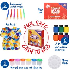 J MARK All Inclusive Toddler Painting Set - Spill Proof Paint Cups, Paint Pad, Brushes, Safe Tempera Toddler Washable Paint, Palette - Toddler Paint Set