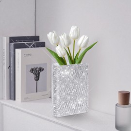 Yivaiks Bling Book-Shaped Vase for Flowers, Aesthetic Room Decor Shiny Flowers Vases for Home, Book Lovers Gifts,Bookshelf, Bedroom & Office Decor for Women & Teacher Gift (Silver)