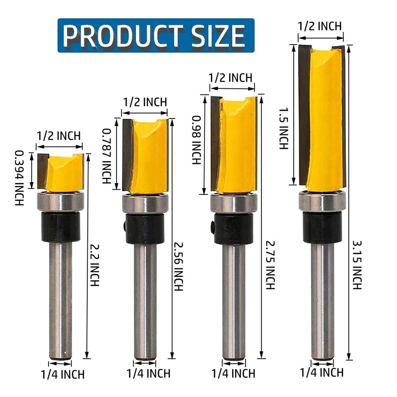 YUENTOEN 4PCS Pattern Flush Trim Router Bit Set, 1/4 Inch
