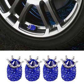 4PCS Crown Car Tire Valve Stem Caps, Crystal Rhinestone Car Wheel Tire Valve Caps, Dustproof & Leakproof Car Stem Air Caps Cover, Universal Bling Car Exterior Accessories for Most Vehicles (Blue)