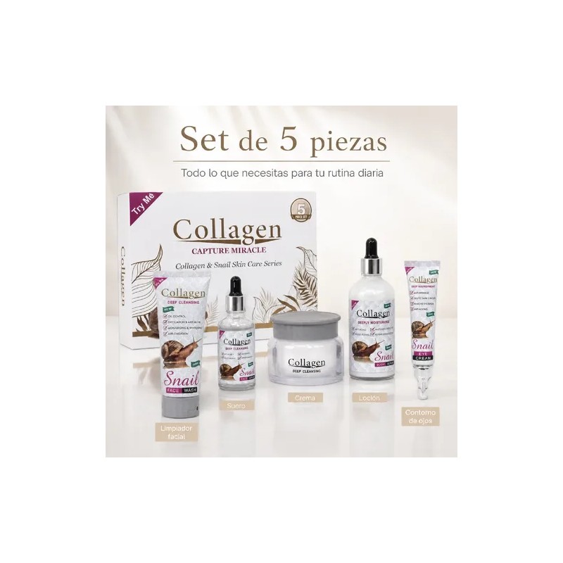 Crema Rejuvenecedora Colágeno, Baba Caracol, Hidrata Kit 5pz