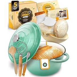 Dutch Oven for Bread Baking - incl. Sourdough Bread-Baking Supplies like Banneton Bread-Proofing Basket - 5QT Enameled Cast Iron Bread-Oven with Lid, Baking Pan, Scoring Tool Lame