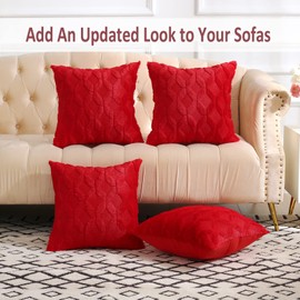 Volcanics Pack of 2 Christmas Faux Wool Throw Pillow Covers 20x20 Inches Decorative Farmhouse Velvet Couch Pillow Case Soft Plush Square Boho Cushion Pillowcase, Red