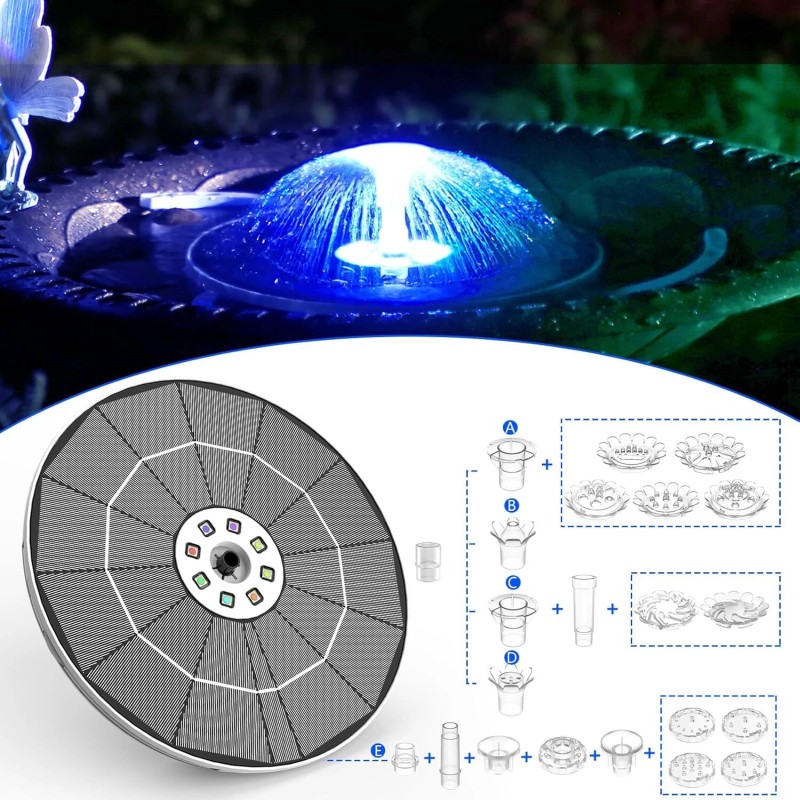 AISITIN 6.5W Solar Fountain Pump with Colorful LED Lights 3000mAh
