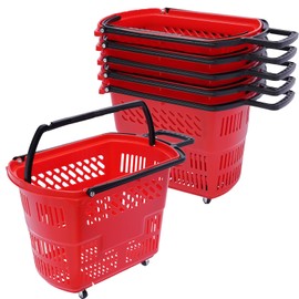 6PCS Plastic Shopping Basket with Handles & Wheels, 35L Rolling Shopping Carts, Grocery Basket with 4 Wheels and Handle, Portable Shopping Basket for Retail Stores, Supermarkets (6PCS - Red)
