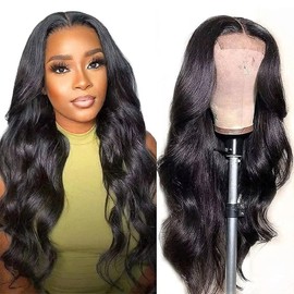 Lace Front Wigs Artificial Hair Pre-Plucked Body Wave Lace Front Synthetic Hair Wig for Black Women Girls Transparent Lace Frontal Wigs with Natural Hairline (24 inch, Black)