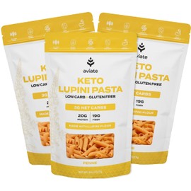 Aviate Keto Pasta Penne - Low Carb (3g Net) Lupini Penne Pasta - High Protein (20g) - Gluten-Free - Made with Lupin Flour [Plant Based Vegan] Keto-friendly Low Carb - Penne (8oz) (Pack of 3)
