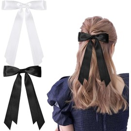 Elegant Black & White Hair Bow Clips for Women & Girls – Set of 2 Chic Ribbon Bows with Long Tails | Durable & Secure Hair Accessory for Any Occasion
