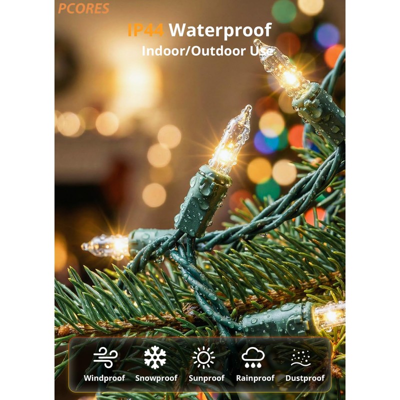 PCORES Solar Christmas Lights Outdoor, 26ft 100 LED Warm White